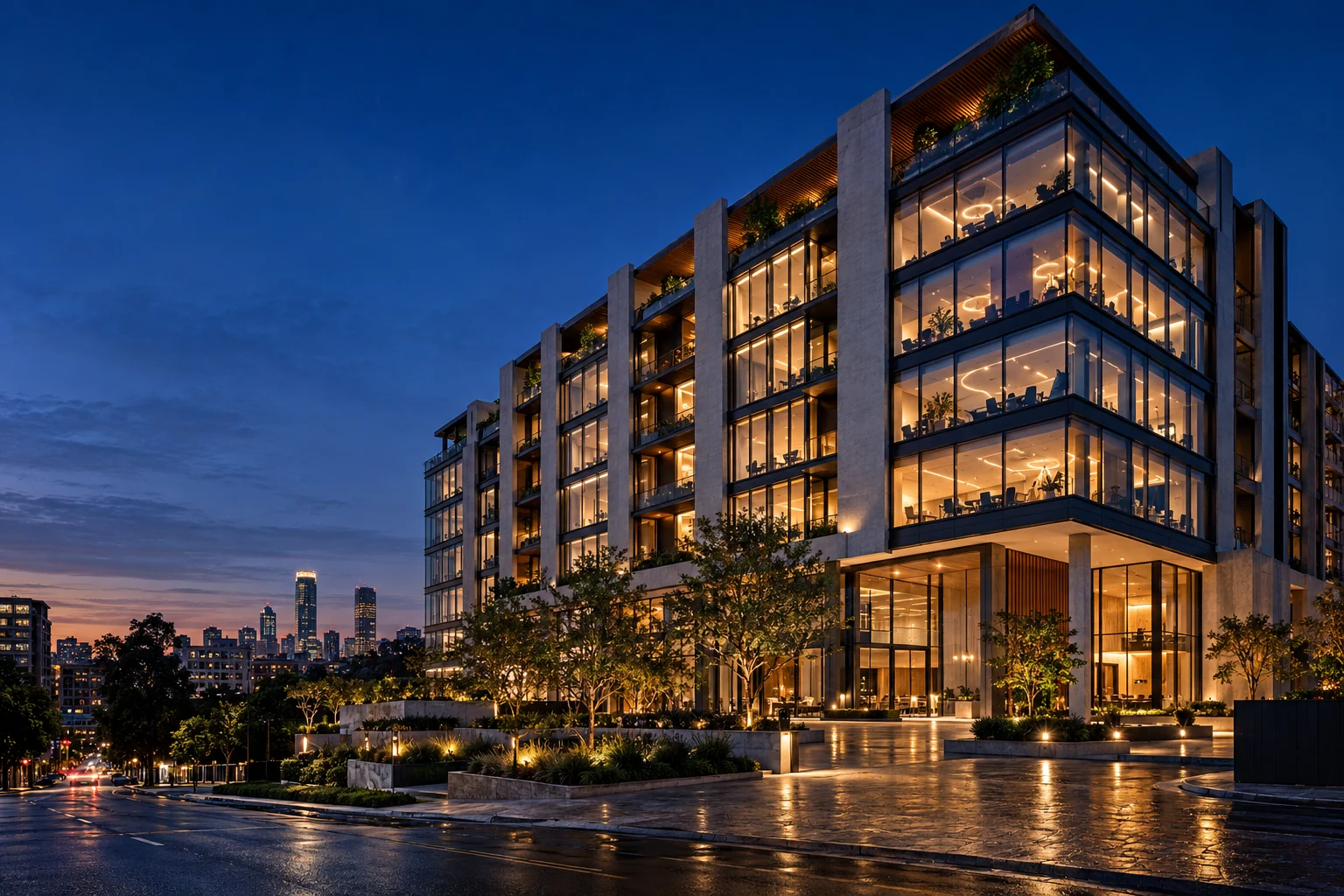 Conceptual image of a contemporary building illuminated at dusk